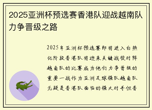 2025亚洲杯预选赛香港队迎战越南队力争晋级之路